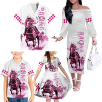 Kentucky Horses Racing Family Matching Off The Shoulder Long Sleeve Dress and Hawaiian Shirt Jockey Drawing Style Pink Out Color - Wonder Print Shop