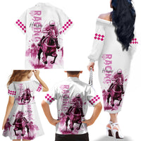 Kentucky Horses Racing Family Matching Off The Shoulder Long Sleeve Dress and Hawaiian Shirt Jockey Drawing Style Pink Out Color - Wonder Print Shop