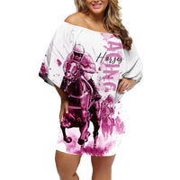 Kentucky Horses Racing Family Matching Off Shoulder Short Dress and Hawaiian Shirt Jockey Drawing Style Pink Out Color - Wonder Print Shop