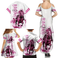 Kentucky Horses Racing Family Matching Summer Maxi Dress and Hawaiian Shirt Jockey Drawing Style Pink Out Color - Wonder Print Shop