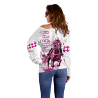 Kentucky Horses Racing Off Shoulder Sweater Jockey Drawing Style Pink Out Color - Wonder Print Shop