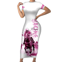 Kentucky Horses Racing Short Sleeve Bodycon Dress Jockey Drawing Style Pink Out Color - Wonder Print Shop