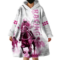 Kentucky Horses Racing Wearable Blanket Hoodie Jockey Drawing Style Pink Out Color - Wonder Print Shop