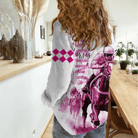 Kentucky Horses Racing Women Casual Shirt Jockey Drawing Style Pink Out Color - Wonder Print Shop