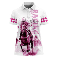Kentucky Horses Racing Women Polo Shirt Jockey Drawing Style Pink Out Color - Wonder Print Shop