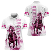 Kentucky Horses Racing Women Polo Shirt Jockey Drawing Style Pink Out Color - Wonder Print Shop