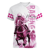 Kentucky Horses Racing Women V-Neck T-Shirt Jockey Drawing Style Pink Out Color - Wonder Print Shop