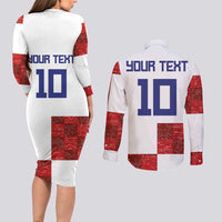 Custom Croatia Football Couples Matching Long Sleeve Bodycon Dress and Long Sleeve Button Shirt Checkered Ones Sport Grunge Style