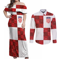 Custom Croatia Football Couples Matching Off Shoulder Maxi Dress and Long Sleeve Button Shirt Checkered Ones Sport Grunge Style
