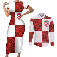 Custom Croatia Football Couples Matching Short Sleeve Bodycon Dress and Long Sleeve Button Shirt Checkered Ones Sport Grunge Style