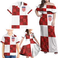 Custom Croatia Football Family Matching Off Shoulder Maxi Dress and Hawaiian Shirt Checkered Ones Sport Grunge Style