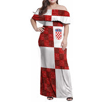 Custom Croatia Football Family Matching Off Shoulder Maxi Dress and Hawaiian Shirt Checkered Ones Sport Grunge Style
