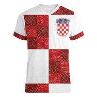 Custom Croatia Football Women V-Neck T-Shirt Checkered Ones Sport Grunge Style