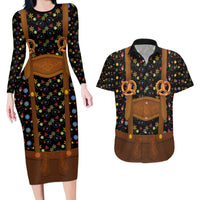 Traditional German Costume - Lederhosen and Soft Pretzel Couples Matching Long Sleeve Bodycon Dress and Hawaiian Shirt Folk Floral Pattern Style