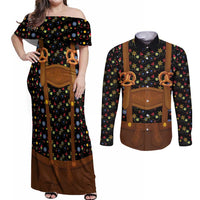 Traditional German Costume - Lederhosen and Soft Pretzel Couples Matching Off Shoulder Maxi Dress and Long Sleeve Button Shirt Folk Floral Pattern Style