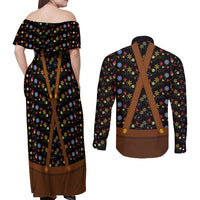 Traditional German Costume - Lederhosen and Soft Pretzel Couples Matching Off Shoulder Maxi Dress and Long Sleeve Button Shirt Folk Floral Pattern Style