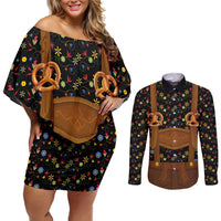 Traditional German Costume - Lederhosen and Soft Pretzel Couples Matching Off Shoulder Short Dress and Long Sleeve Button Shirt Folk Floral Pattern Style