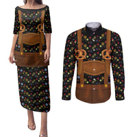 Traditional German Costume - Lederhosen and Soft Pretzel Couples Matching Puletasi and Long Sleeve Button Shirt Folk Floral Pattern Style