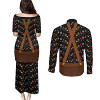 Traditional German Costume - Lederhosen and Soft Pretzel Couples Matching Puletasi and Long Sleeve Button Shirt Folk Floral Pattern Style