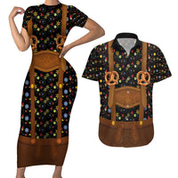 Traditional German Costume - Lederhosen and Soft Pretzel Couples Matching Short Sleeve Bodycon Dress and Hawaiian Shirt Folk Floral Pattern Style