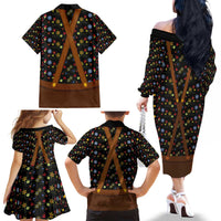 Traditional German Costume - Lederhosen and Soft Pretzel Family Matching Off The Shoulder Long Sleeve Dress and Hawaiian Shirt Folk Floral Pattern Style