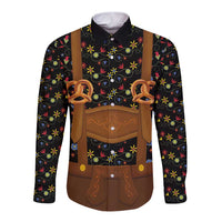 Traditional German Costume - Lederhosen and Soft Pretzel Long Sleeve Button Shirt Folk Floral Pattern Style