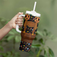 Traditional German Costume - Lederhosen and Soft Pretzel Tumbler With Handle Folk Floral Pattern Style