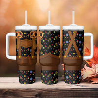 Traditional German Costume - Lederhosen and Soft Pretzel Tumbler With Handle Folk Floral Pattern Style