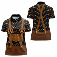 Traditional German Costume - Lederhosen and Soft Pretzel Women Polo Shirt Folk Floral Pattern Style