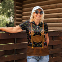 Traditional German Costume - Lederhosen and Soft Pretzel Women Polo Shirt Folk Floral Pattern Style