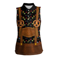 Traditional German Costume - Lederhosen and Soft Pretzel Women Sleeveless Polo Shirt Folk Floral Pattern Style