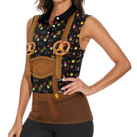 Traditional German Costume - Lederhosen and Soft Pretzel Women Sleeveless Polo Shirt Folk Floral Pattern Style