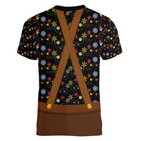 Traditional German Costume - Lederhosen and Soft Pretzel Women V-Neck T-Shirt Folk Floral Pattern Style