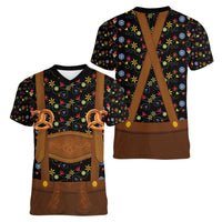 Traditional German Costume - Lederhosen and Soft Pretzel Women V-Neck T-Shirt Folk Floral Pattern Style