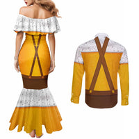 Traditional German Costume - Lederhosen and Soft Pretzel Couples Matching Mermaid Dress and Long Sleeve Button Shirt Oktoberfest Beer Head Funny Style