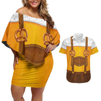Traditional German Costume - Lederhosen and Soft Pretzel Couples Matching Off Shoulder Short Dress and Hawaiian Shirt Oktoberfest Beer Head Funny Style