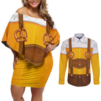 Traditional German Costume - Lederhosen and Soft Pretzel Couples Matching Off Shoulder Short Dress and Long Sleeve Button Shirt Oktoberfest Beer Head Funny Style