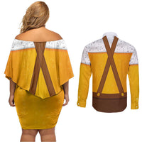 Traditional German Costume - Lederhosen and Soft Pretzel Couples Matching Off Shoulder Short Dress and Long Sleeve Button Shirt Oktoberfest Beer Head Funny Style