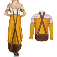 Traditional German Costume - Lederhosen and Soft Pretzel Couples Matching Summer Maxi Dress and Long Sleeve Button Shirt Oktoberfest Beer Head Funny Style
