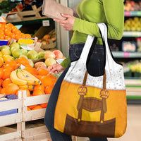 Traditional German Costume - Lederhosen and Soft Pretzel Grocery Bag Oktoberfest Beer Head Funny Style