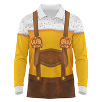 Traditional German Costume - Lederhosen and Soft Pretzel Long Sleeve Polo Shirt Oktoberfest Beer Head Funny Style