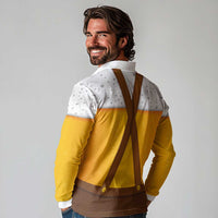 Traditional German Costume - Lederhosen and Soft Pretzel Long Sleeve Polo Shirt Oktoberfest Beer Head Funny Style