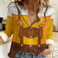 Traditional German Costume - Lederhosen and Soft Pretzel Women Casual Shirt Oktoberfest Beer Head Funny Style