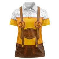 Traditional German Costume - Lederhosen and Soft Pretzel Women Polo Shirt Oktoberfest Beer Head Funny Style
