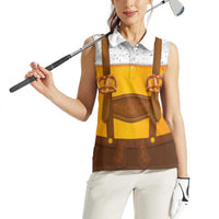 Traditional German Costume - Lederhosen and Soft Pretzel Women Sleeveless Polo Shirt Oktoberfest Beer Head Funny Style