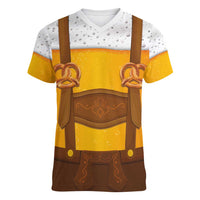 Traditional German Costume - Lederhosen and Soft Pretzel Women V-Neck T-Shirt Oktoberfest Beer Head Funny Style