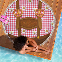 Traditional German Costume - Lederhosen and Soft Pretzel Beach Blanket Blue Plaid Pattern with Edelweiss Flowers