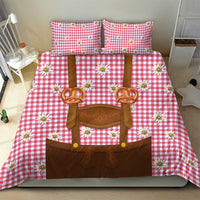 Traditional German Costume - Lederhosen and Soft Pretzel Bedding Set Blue Plaid Pattern with Edelweiss Flowers