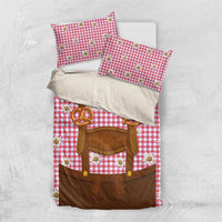 Traditional German Costume - Lederhosen and Soft Pretzel Bedding Set Blue Plaid Pattern with Edelweiss Flowers