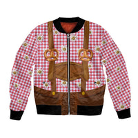 Traditional German Costume - Lederhosen and Soft Pretzel Bomber Jacket Blue Plaid Pattern with Edelweiss Flowers